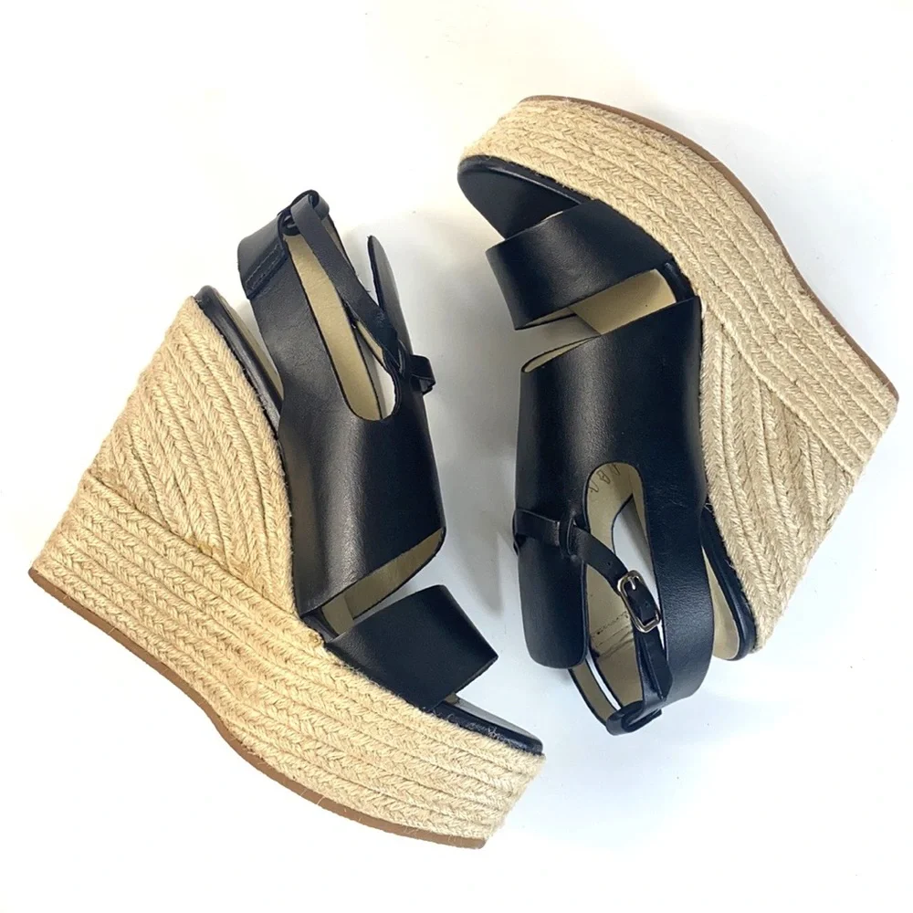 Ouigal Anthropologie Leather Woven Straw Platform Wedge Sandals